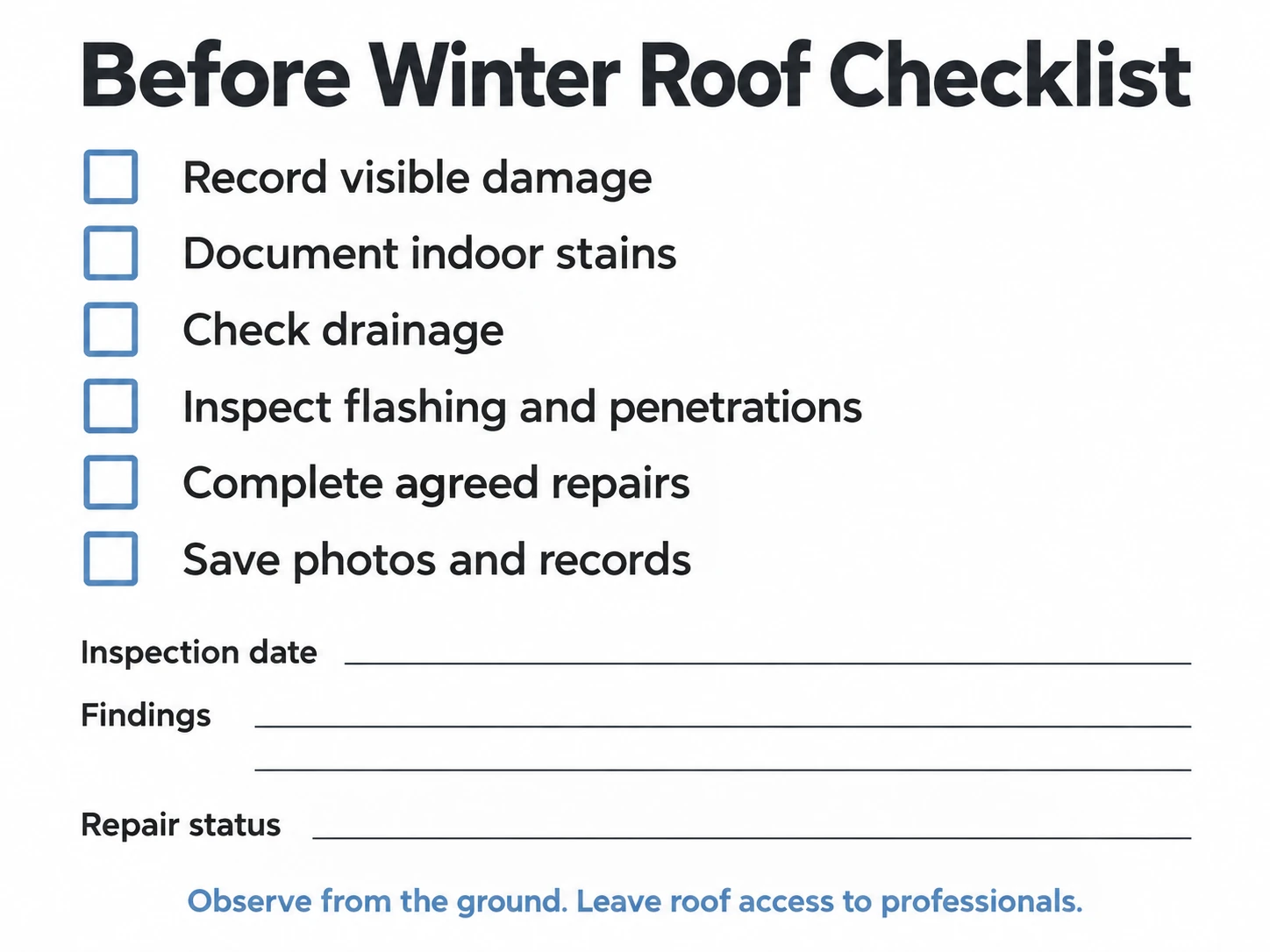 Before-winter roof checklist with inspection tasks and fields for findings, repair status, and date.