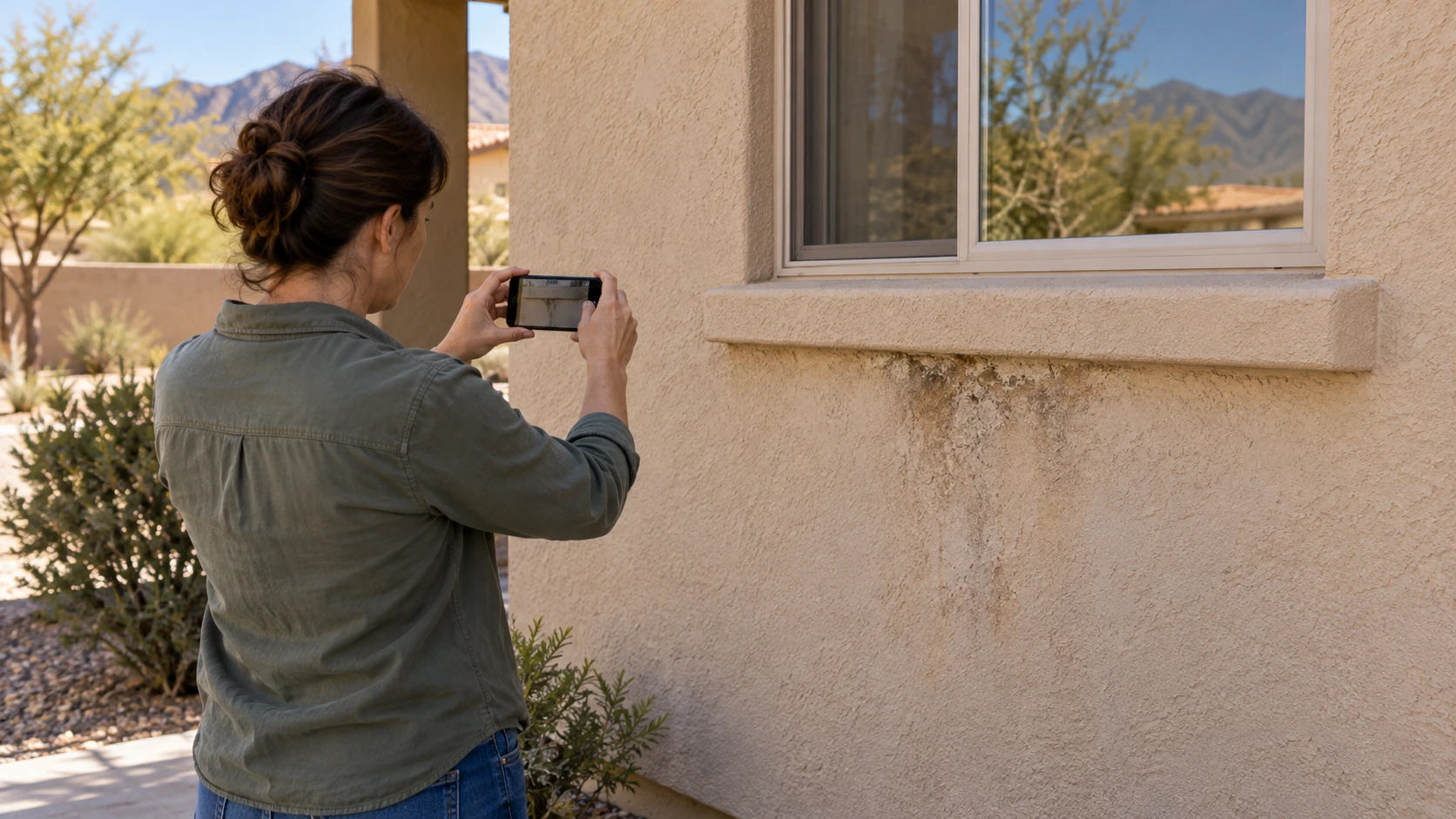 Homeowner photographs discoloration below a stucco window from ground level to document changes for an inspection.