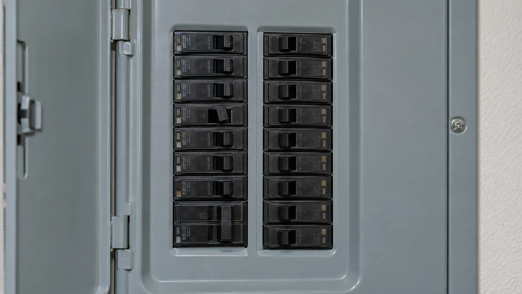 Close-up of residential circuit breaker handles with the protective metal cover securely fitted around them.