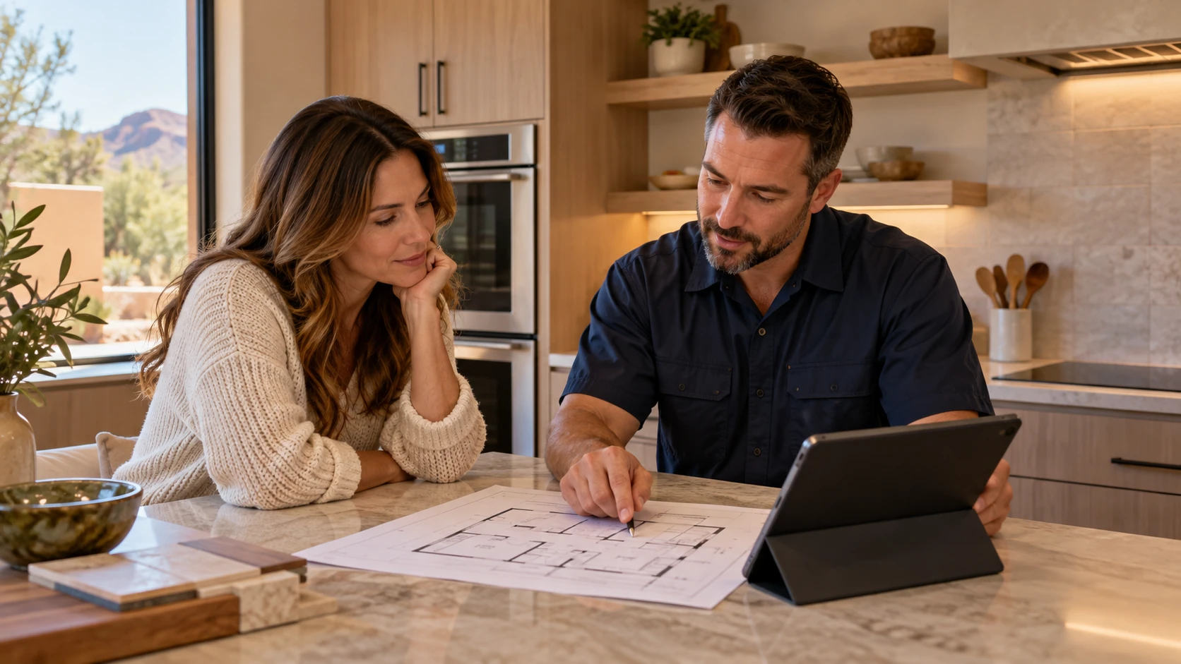 Homeowner and electrician review kitchen renovation plans and appliance needs before deciding on electrical work.