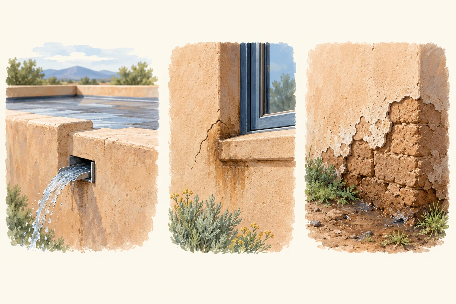 Illustrations of roof drainage, a cracked window corner, and damaged stucco exposing adobe at a wall base.