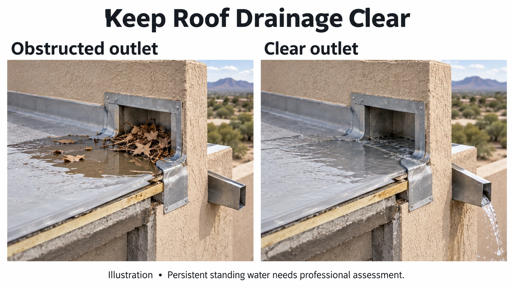 Illustration comparing a debris-obstructed scupper with a clear drainage outlet on a low-slope roof.
