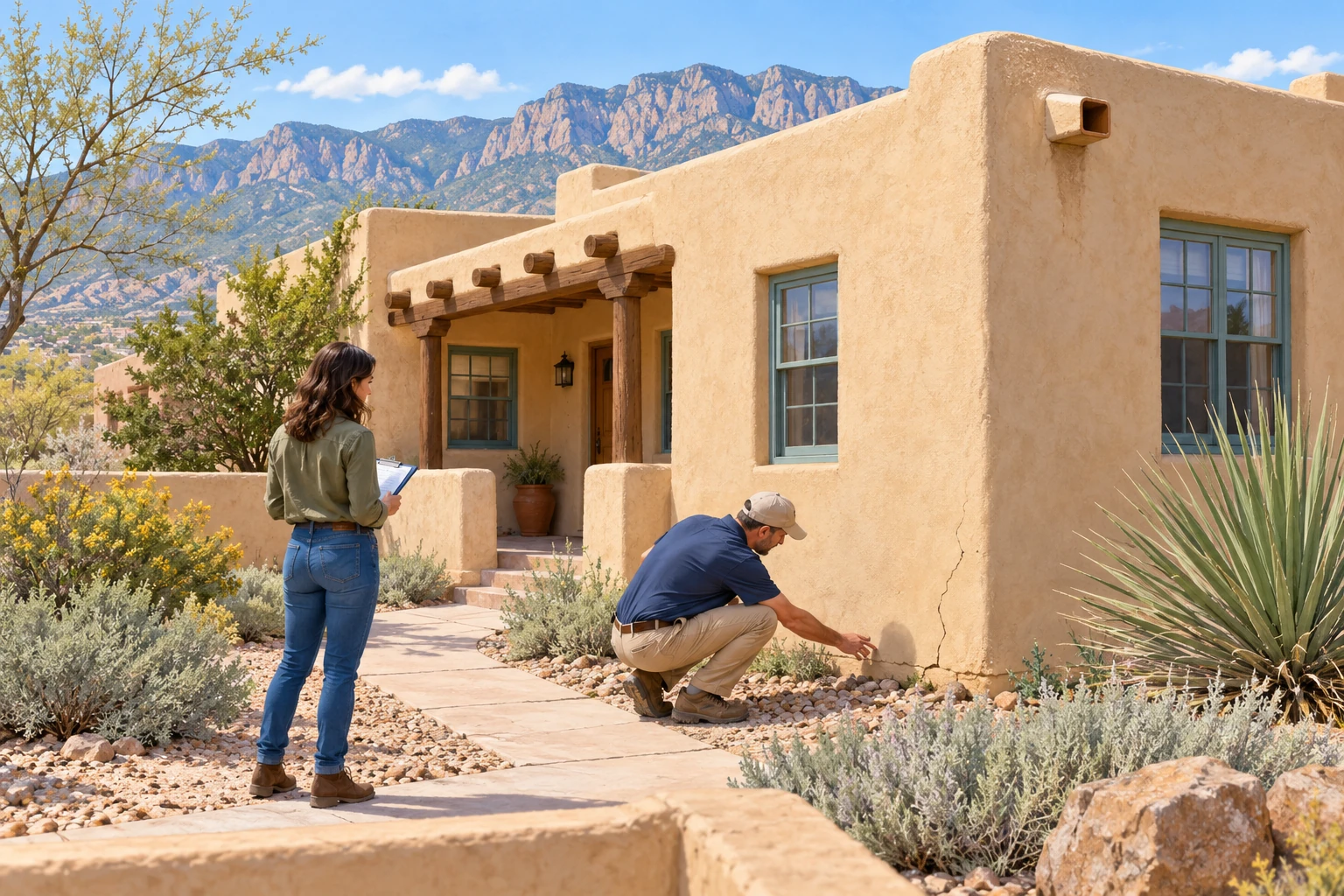 Illustration of a buyer and inspector reviewing the exterior of an older New Mexico stucco home.