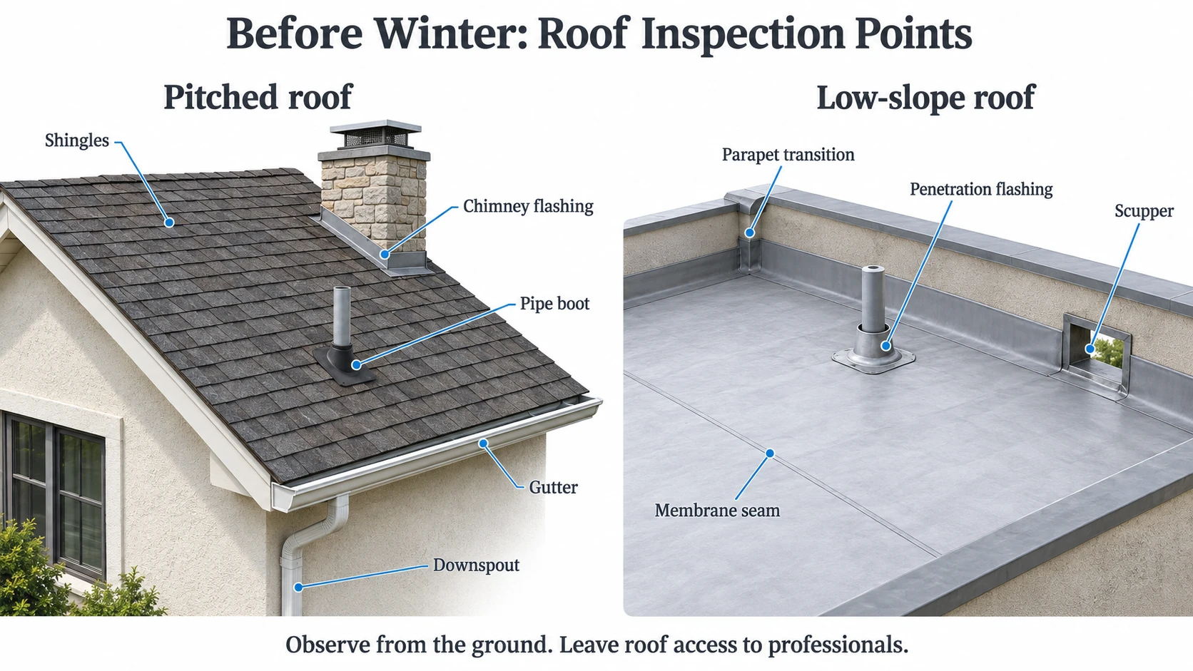 Roof preparation for winter inspection points on pitched and low-slope roofs in New Mexico.