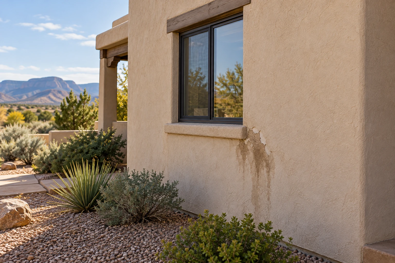 Discoloration and peeling below a New Mexico window illustrate possible signs of stucco moisture damage.