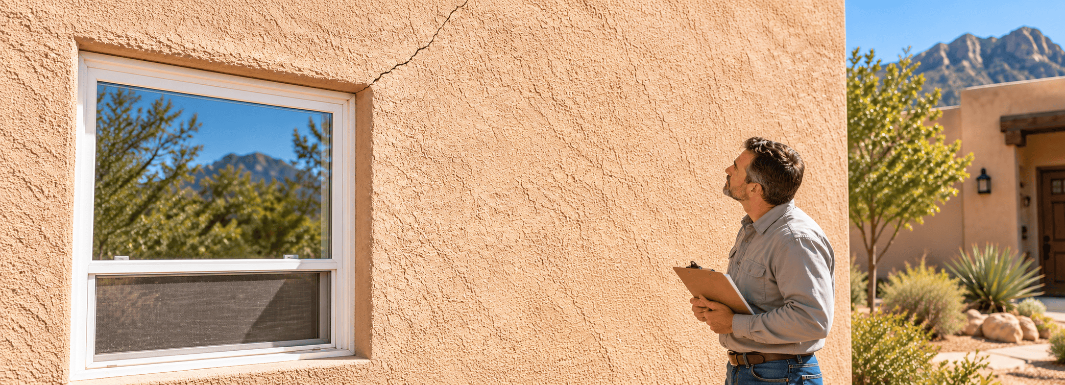 Contractor examines stucco cracks around windows on a New Mexico home with a beige exterior.