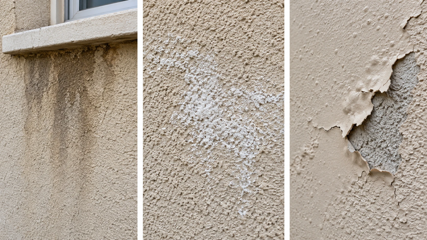 Three stucco close-ups show discoloration below a sill, white mineral deposits, and a peeling surface coating.