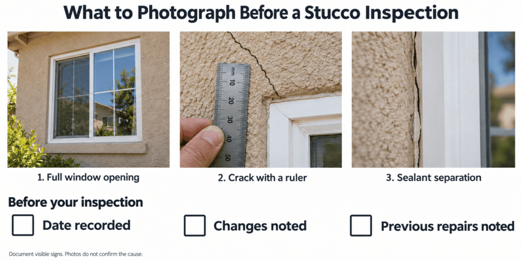 Homeowner photo checklist records stucco repair signs around a window before a professional inspection.