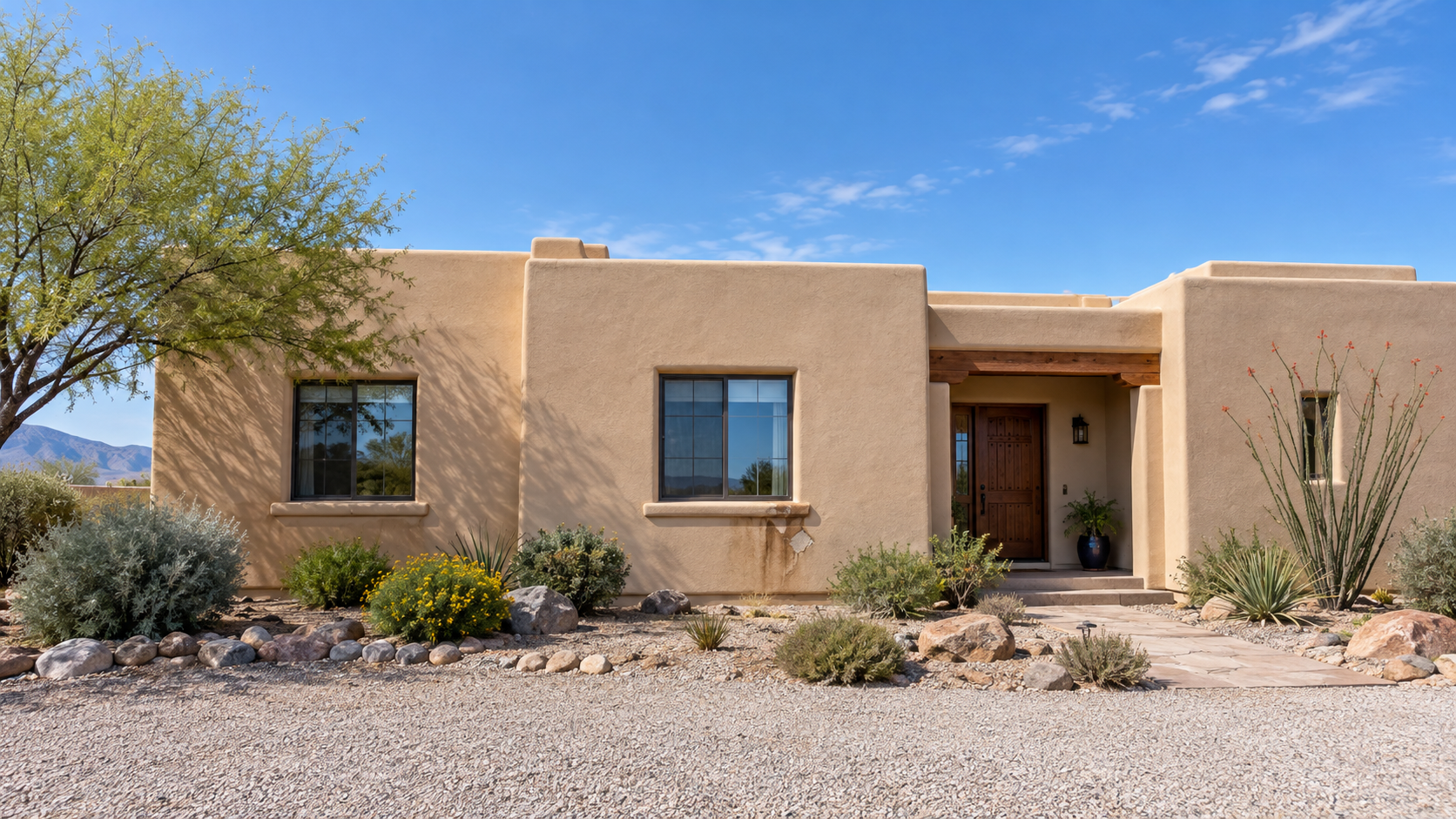 New Mexico stucco home with discoloration and peeling beneath a window, showing possible signs of stucco moisture damage.