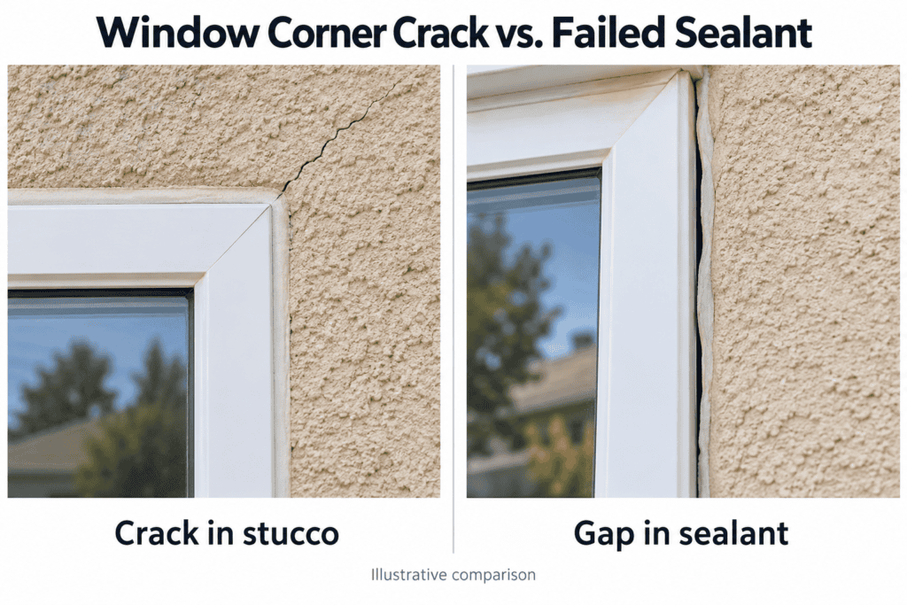 Stucco cracks around windows compared with a failed sealant joint beside an exterior window frame.