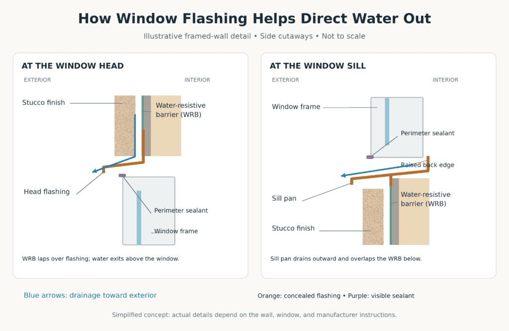 Window flashing and a sill pan direct water outward behind a stucco wall, helping manage moisture intrusion.